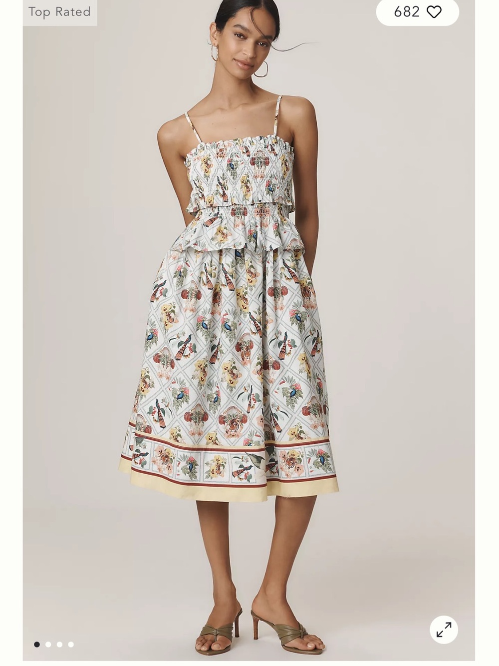 Anthropology White Floral Tile-Print Smocked Midi Dress
